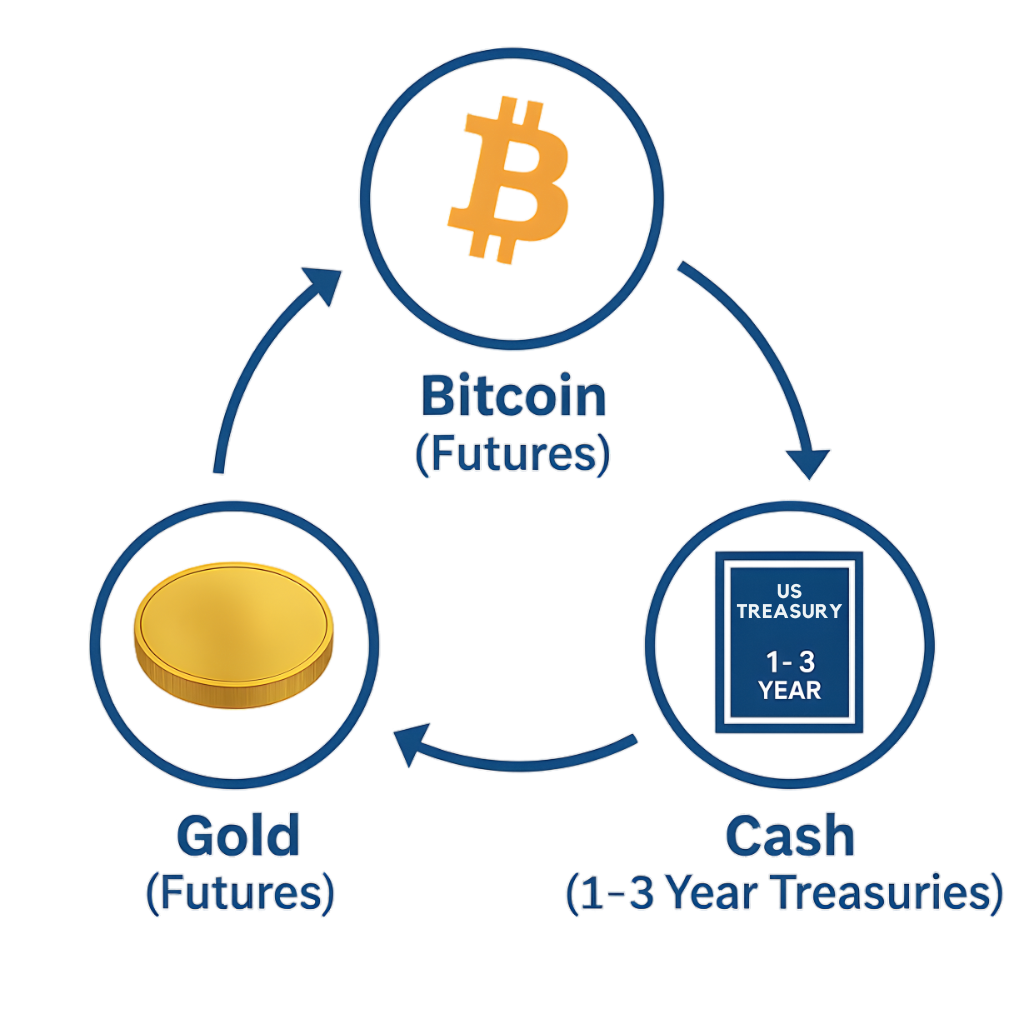 ORO ETF rotation diagram showing tactical allocation between Bitcoin futures, Gold futures, and 1-3 Year Treasuries
